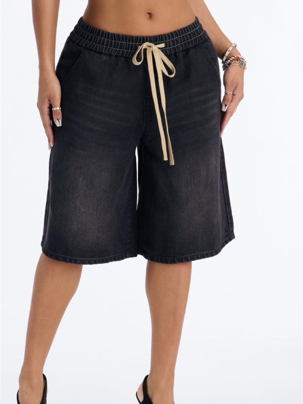 Fashion Nova Black Denim Drawstring Bermuda Shorts with Cream Tie